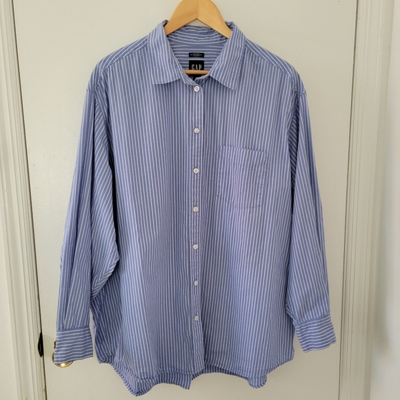 GAP || XL Blue Stripe Organic Poplin Cotton Button Down Big Shirt - Picture 6 of 8